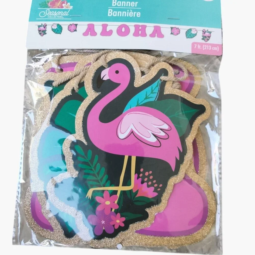 Aloha Flamingo Banner Party Decoration 7 ft Tropical Pink Gold Glitter